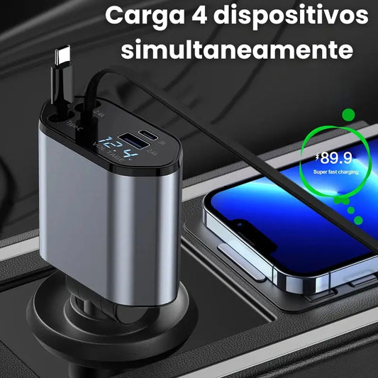 Cargador 4 en 1 Carga todo tipo de dispositivos simultáneamente ¡Carga Súper Rápida con Cables Retráctiles!